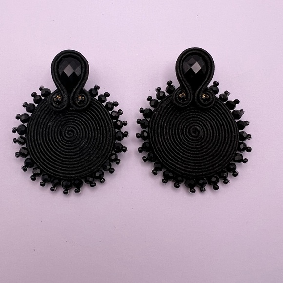 Black Elegant Round Dangle Earrings - Evening Glam Soutache Earrings - Picture 5 of 8
